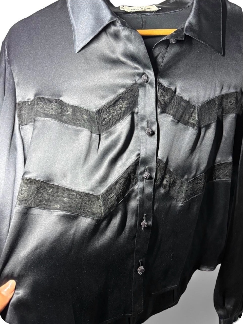 VTG Valentino Miss V 100% Silk Satin Navy Blue Black Lace Blouse Italy 14 / 48 - Picture 10 of 10